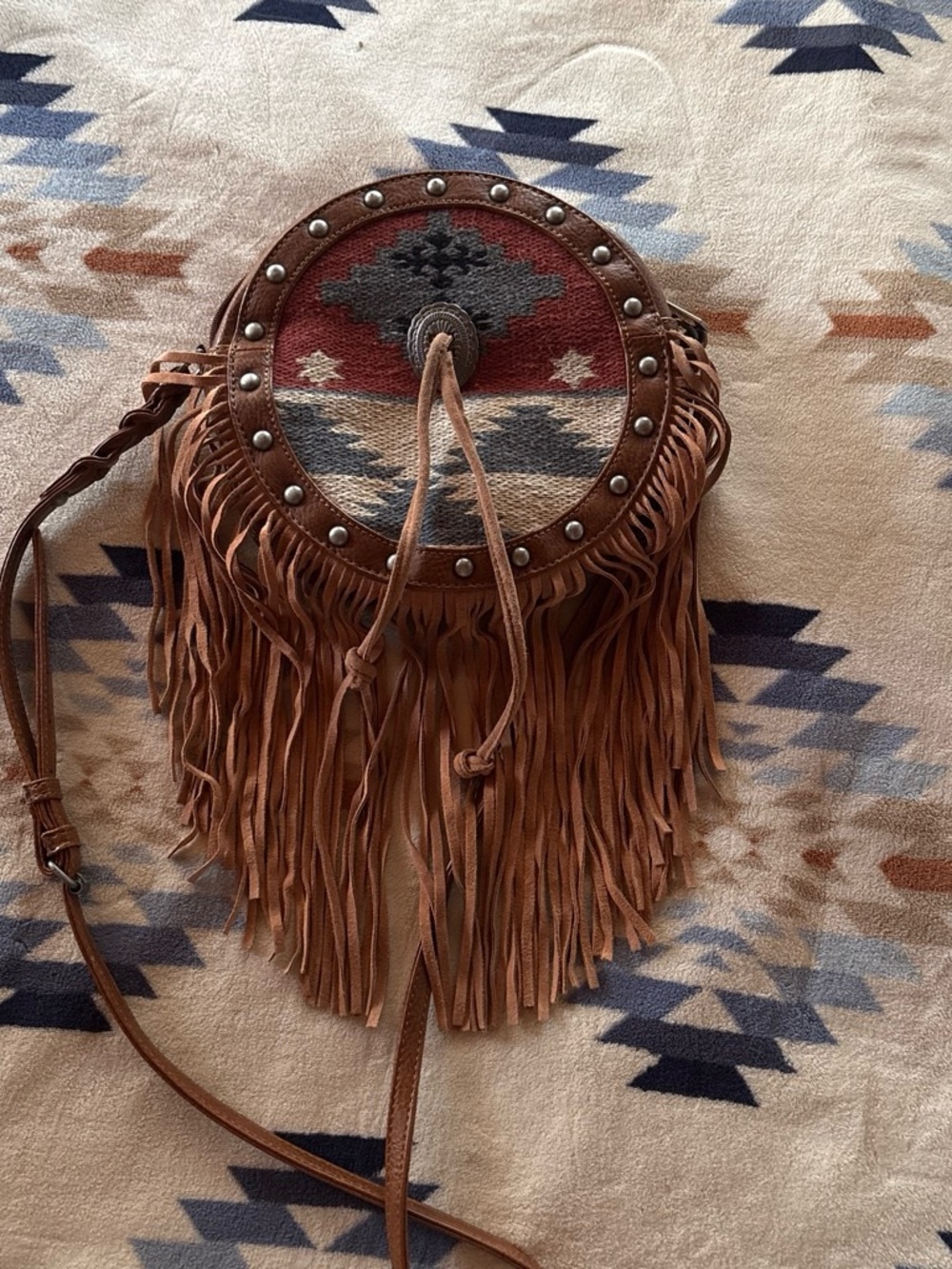 Fringed Round Crossbody Bag with Aztec Textile Panel - Brown